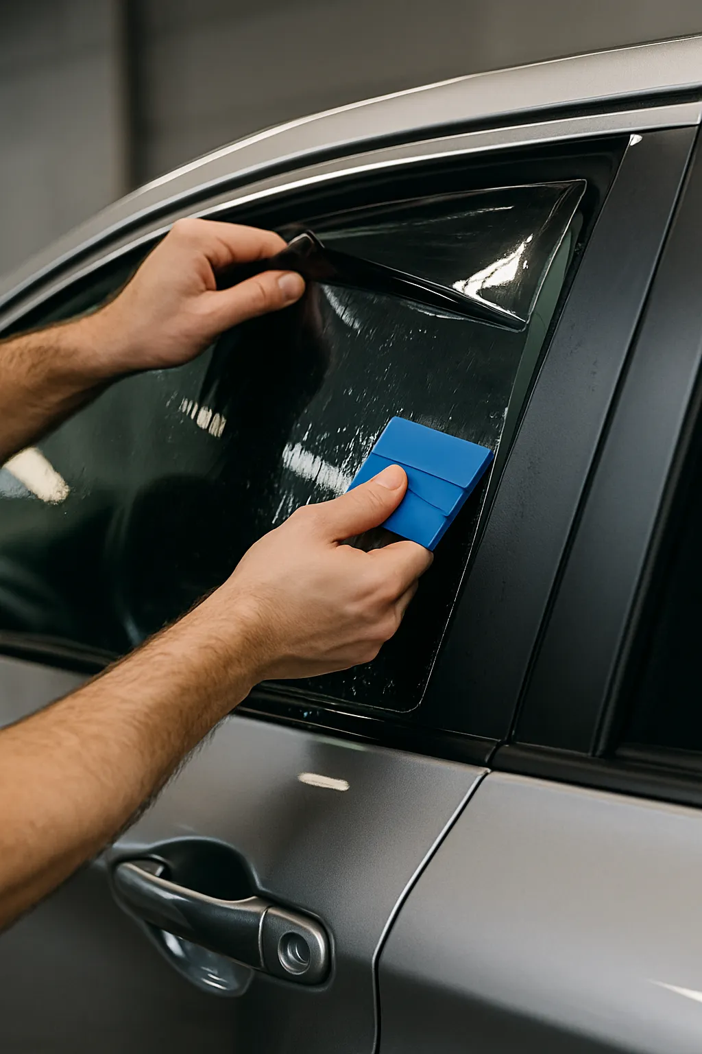 A man is applying tinted window film to a car window.